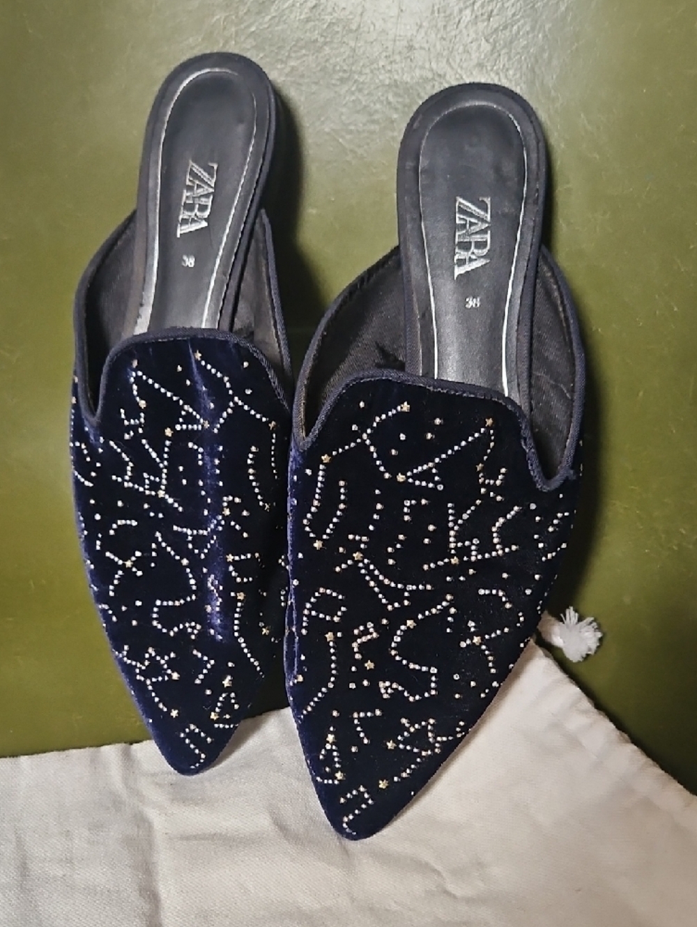 Zara Navy Velvet Pointed Toe Slip-On Mules with Crystal Accents US 7.5 Eu38